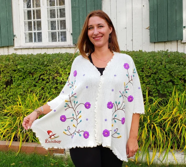 Flower Shawl White Alpaca Châle Fleuri Blanc Alpaga