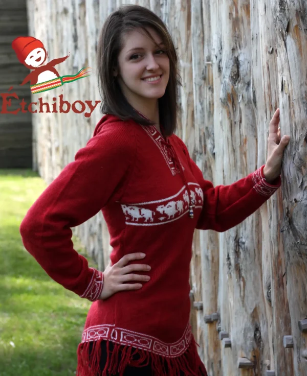 Hooded Red Sweater With Bisons Chandail Rouge Avec Capuchon Avec Bisons