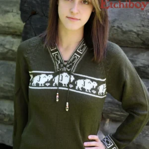 Olive Green Sweater With Bisons Chandail Vert Olive Avec Bisons Unisex