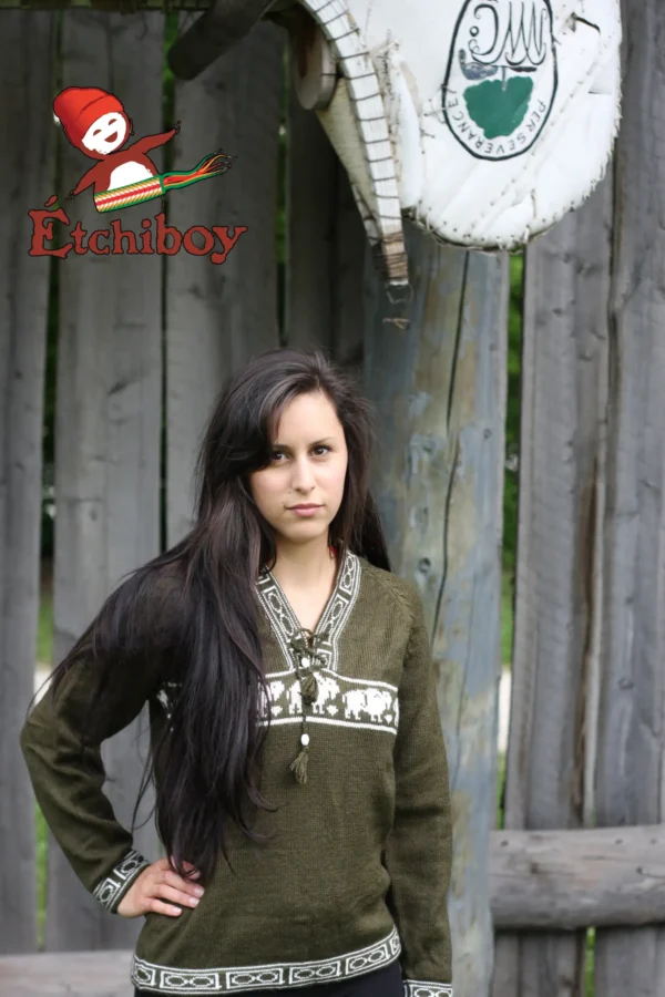 Olive Green Sweater With Bisons Chandail Vert Olive Avec Bisons Unisex