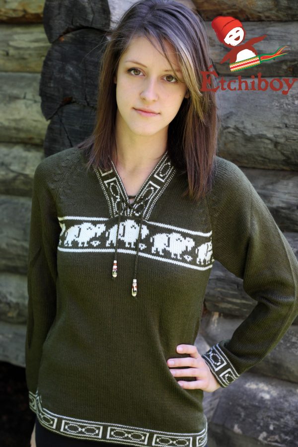 Olive Green Sweater With Bisons Chandail Vert Olive Avec Bisons Unisex 1