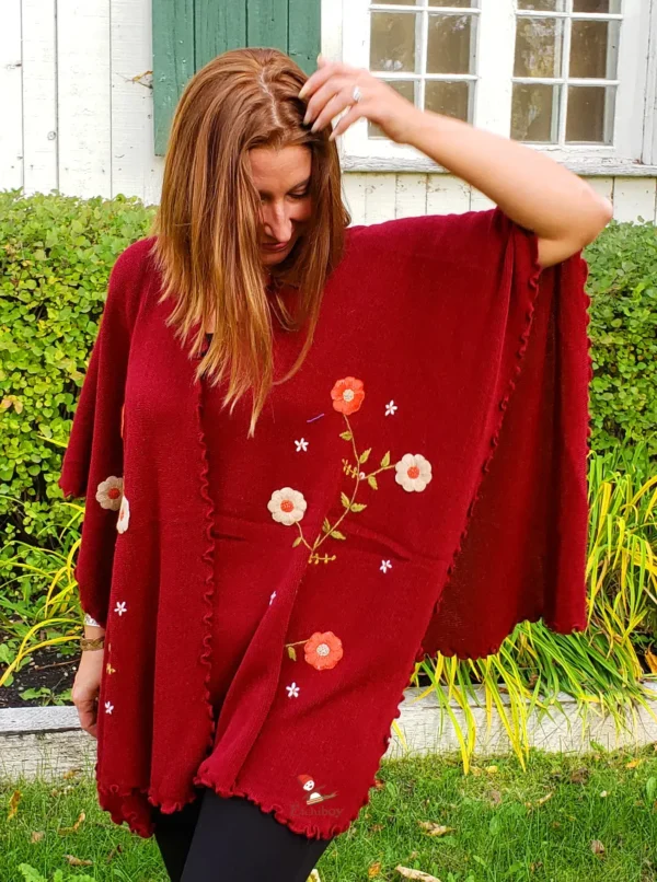 Flower Shawl Wine Red Alpaca Châle Fleuri Rouge Vin Alpaga